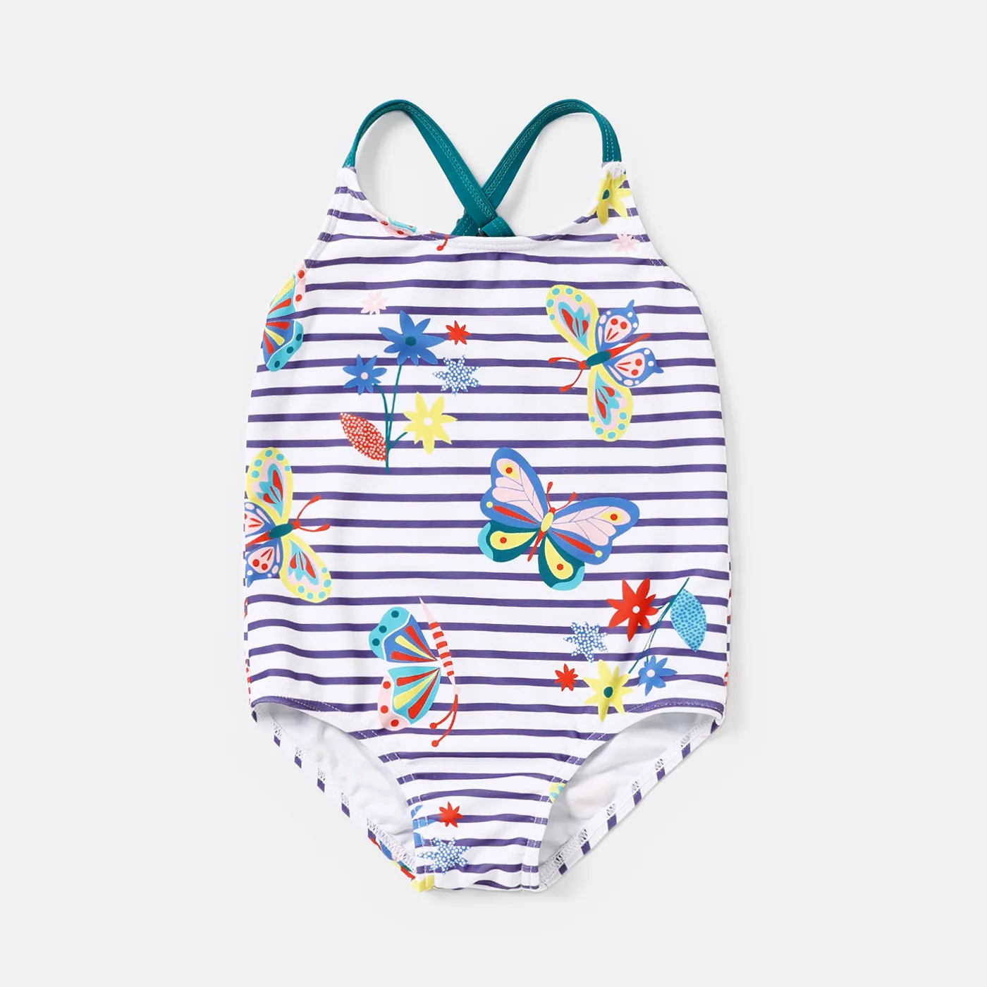 Baby Girl Butterfly & Stripe Onepiece Swimsuit Color block big image 1