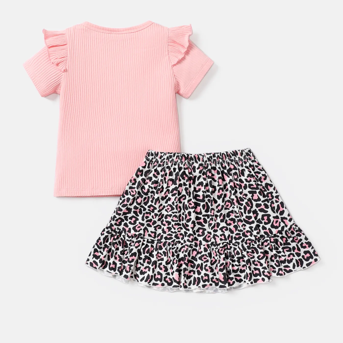 2pcs Baby Girl Naia™ Letter Print Ruffled Ribbed Top and Bow Front Leopard Skirt Set Pink image 2