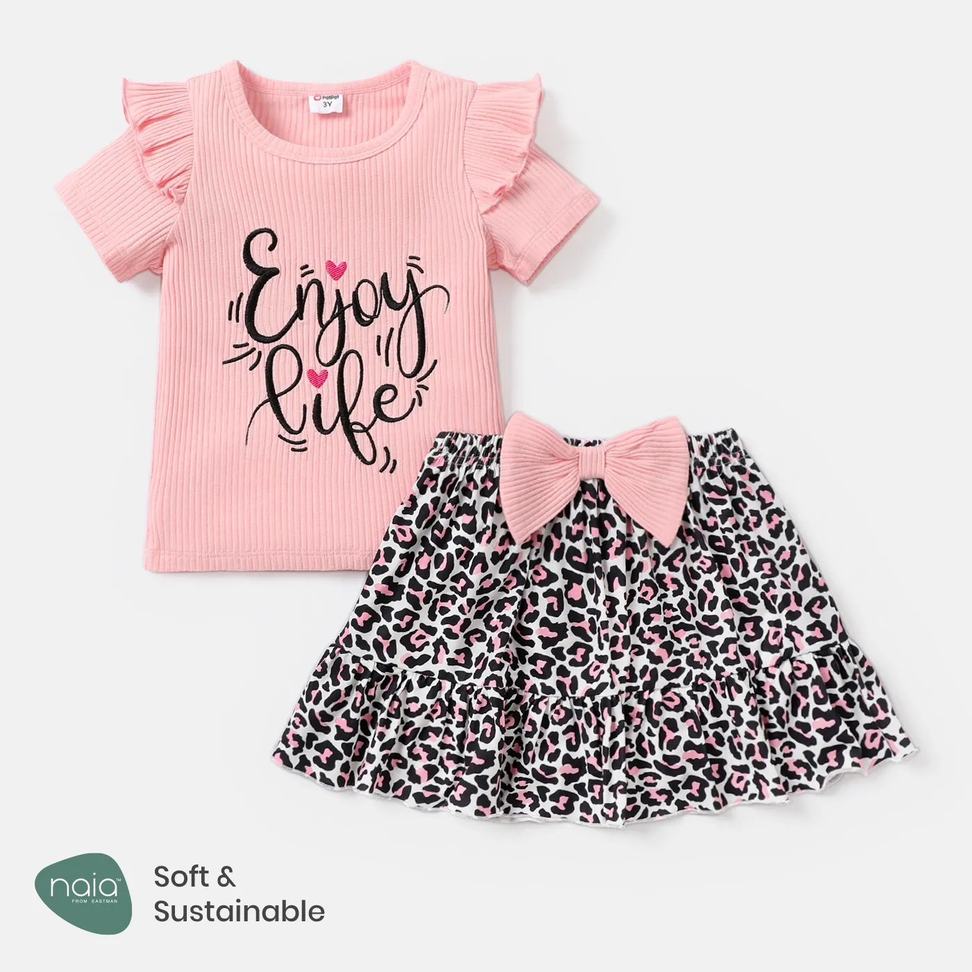 2pcs Baby Girl Naia™ Letter Print Ruffled Ribbed Top and Bow Front Leopard Skirt Set Pink big image 1