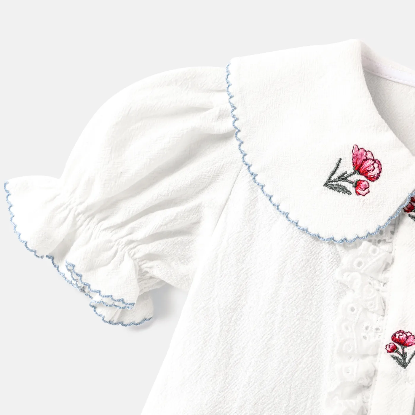 2pcs Baby Girl 100% Cotton Floral Embroidered Peter Pan Collar Puff-sleeve Top and Ruffled Shorts Set BLUEWHITE image 4