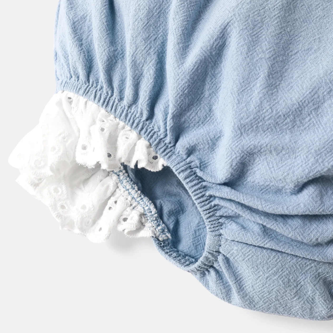 2pcs Baby Girl 100% Cotton Floral Embroidered Peter Pan Collar Puff-sleeve Top and Ruffled Shorts Set BLUEWHITE image 5