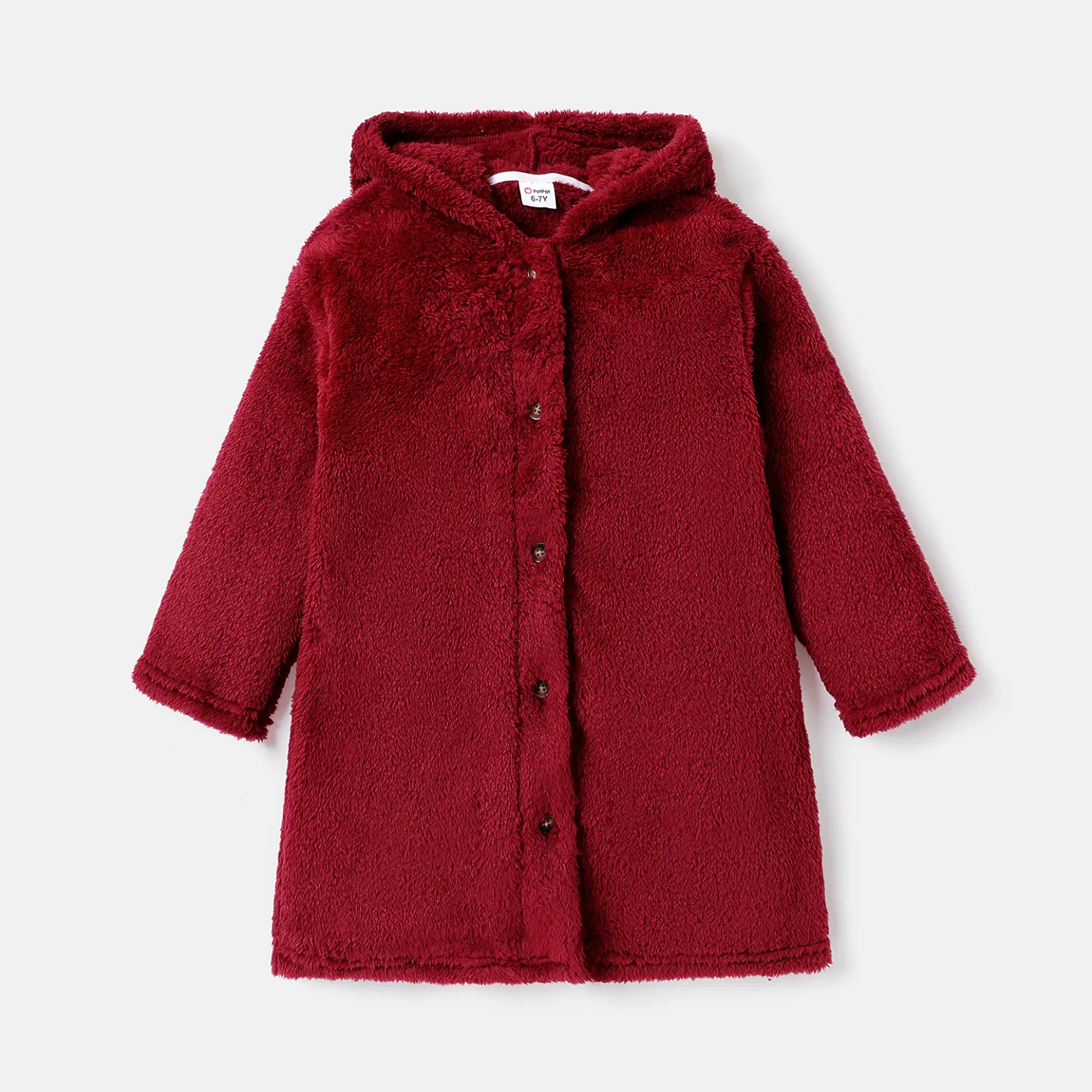 Kid Girl/Boy Solid Color Fluffy Fleece Hooded Coat Burgundy