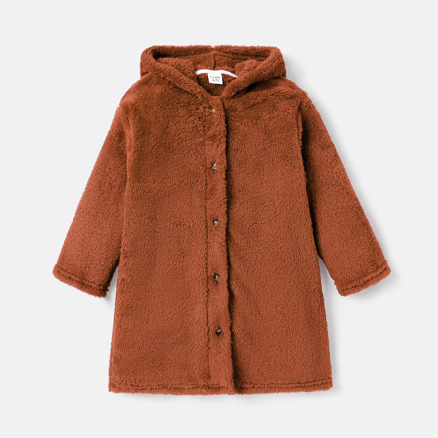 Kid Girl/Boy Solid Color Fluffy Fleece Hooded Coat Brown
