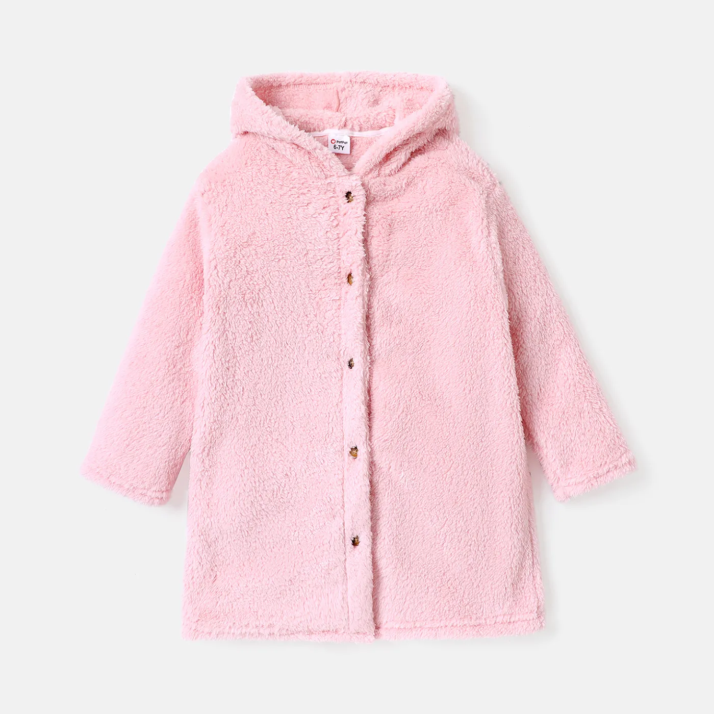 Kid Girl/Boy Solid Color Fluffy Fleece Hooded Coat Pink big image 1