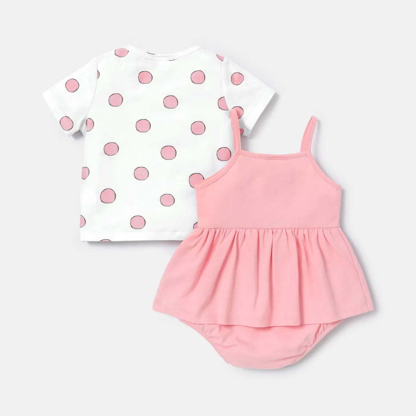 2pcs Baby Girl Cotton Cat Pattern Slip Romper and Cotton Polka Dot Short-sleeve Tee Set  image 2