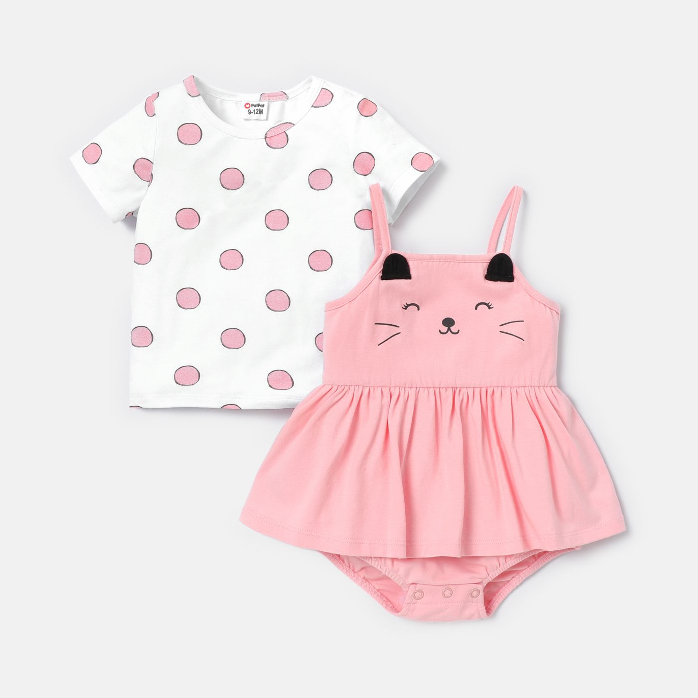 2pcs Baby Girl Cotton Cat Pattern Slip Romper Et Cotton Polka Dot Short-sleeve Tee Set