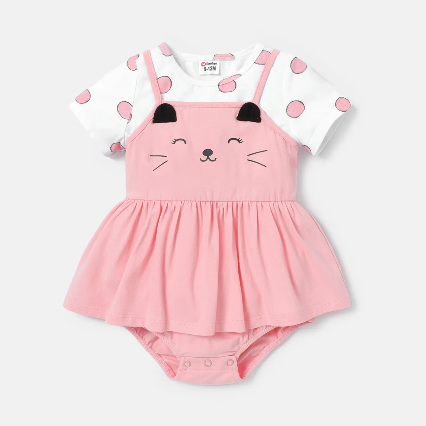 2pcs Baby Girl Cotton Cat Pattern Slip Romper and Cotton Polka Dot Short-sleeve Tee Set  image 3
