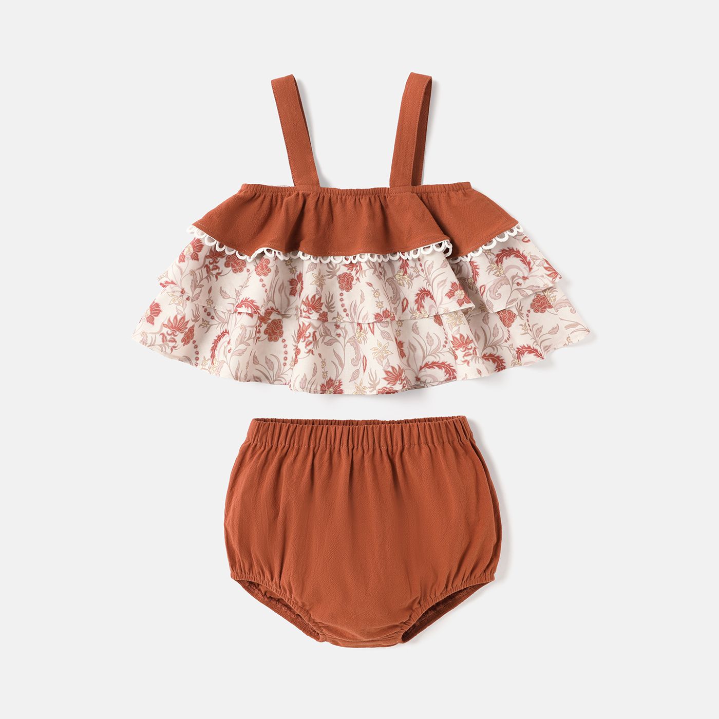 2pcs Baby Girl 100% Cotton Floral Print Ruffle Hem Cami Top and Solid Shorts Set