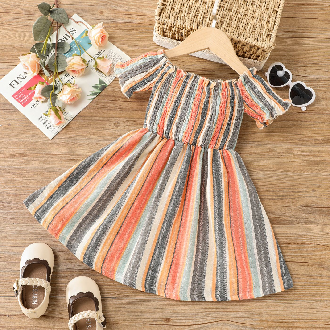 

Toddler Girl Boho Stripe Off Shoulder Smocked Dress