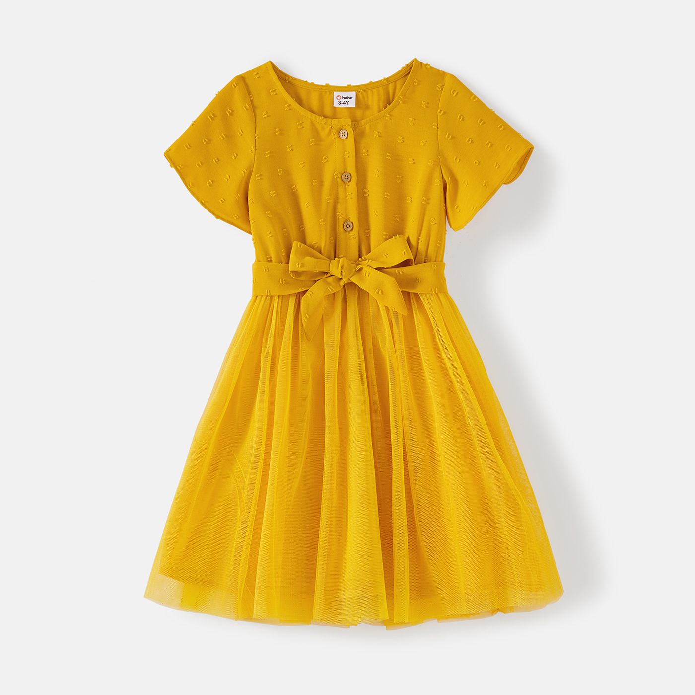 Family Matching 100% Cotton Yellow Plaid Shirts And Solid Surplice Neck Ruffle-sleeve Self Tie Dresses Sets