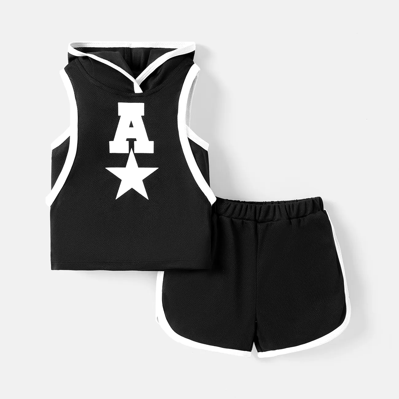 2pcs Baby Boy Star & Letter Print Two Tone Hooded Tank Top and Shorts Set  big image 1