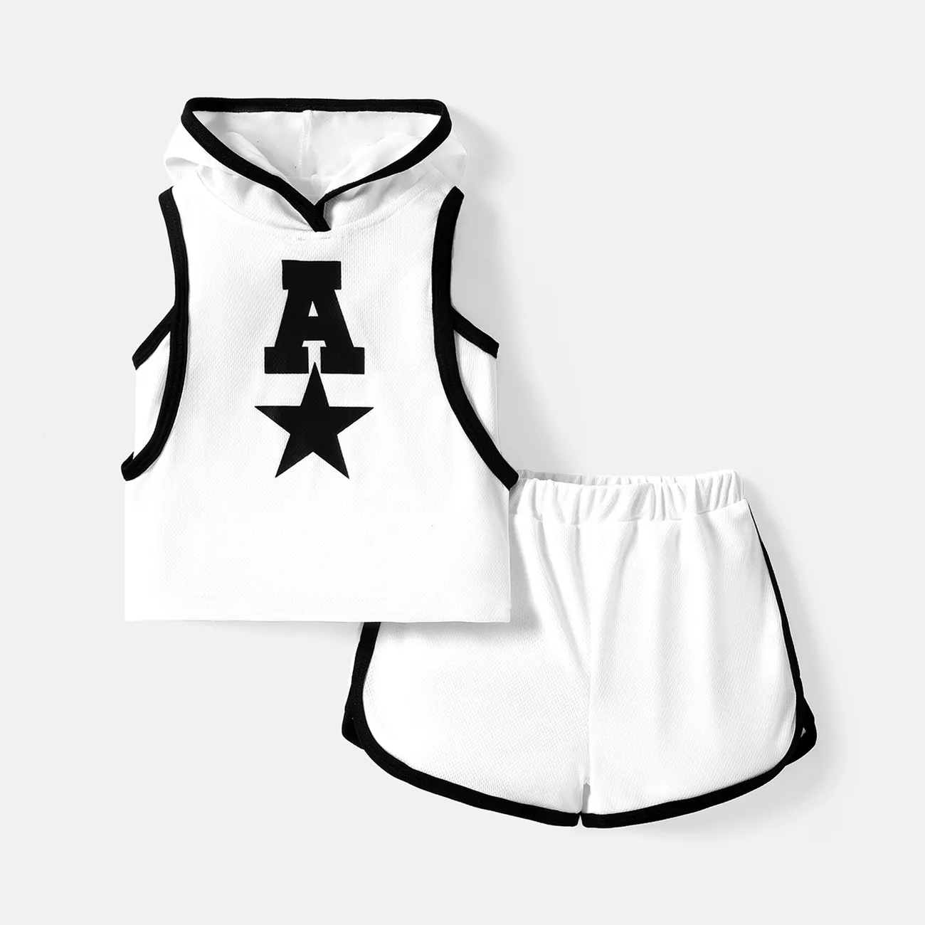 2pcs Baby Boy Star & Letter Print Two Tone Hooded Tank Top and Shorts Set White big image 1