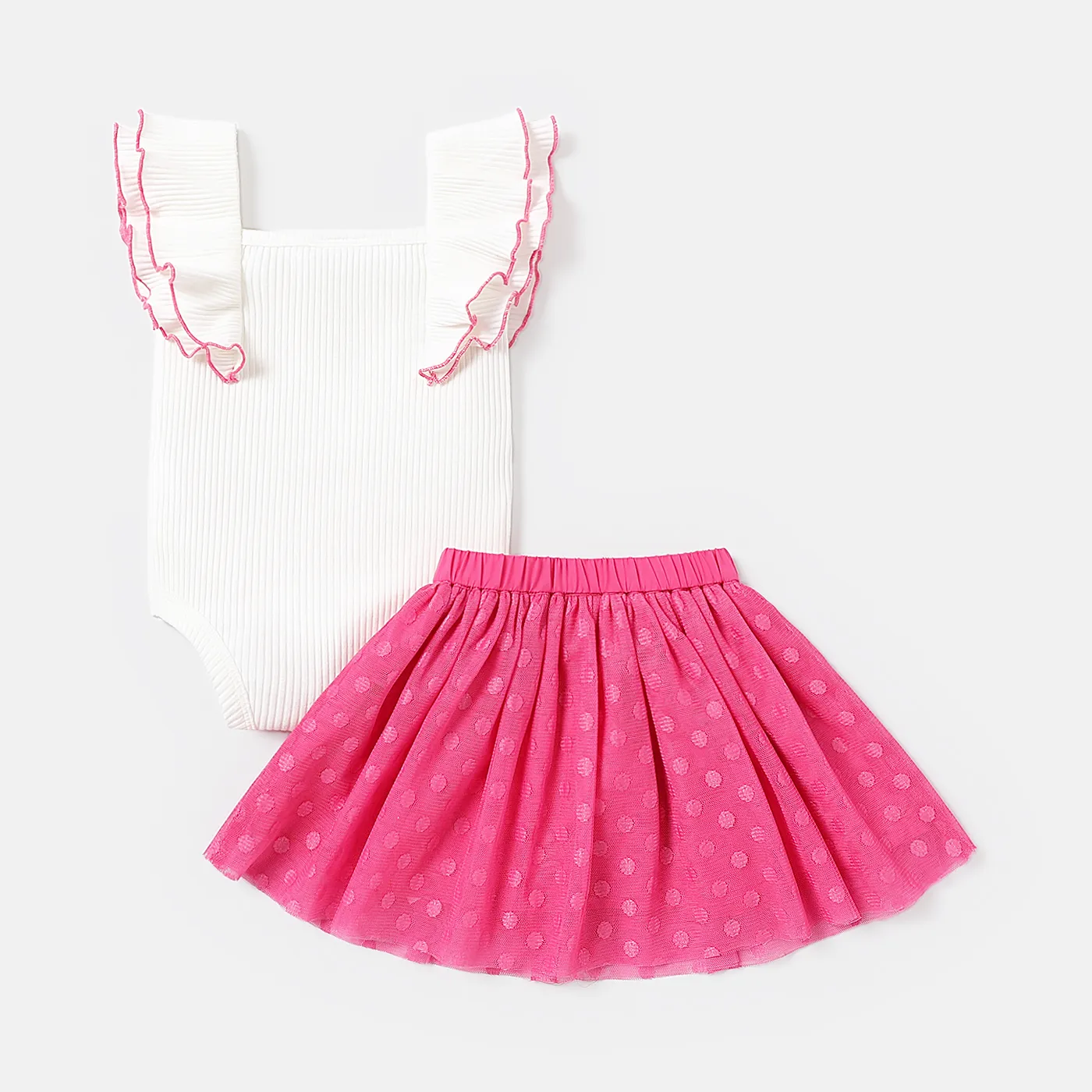 2pcs Baby Girl Letter Print Ruffle-sleeve Rib-knit Bodysuit and Polka Dots Mesh Skirt Set Pink image 3