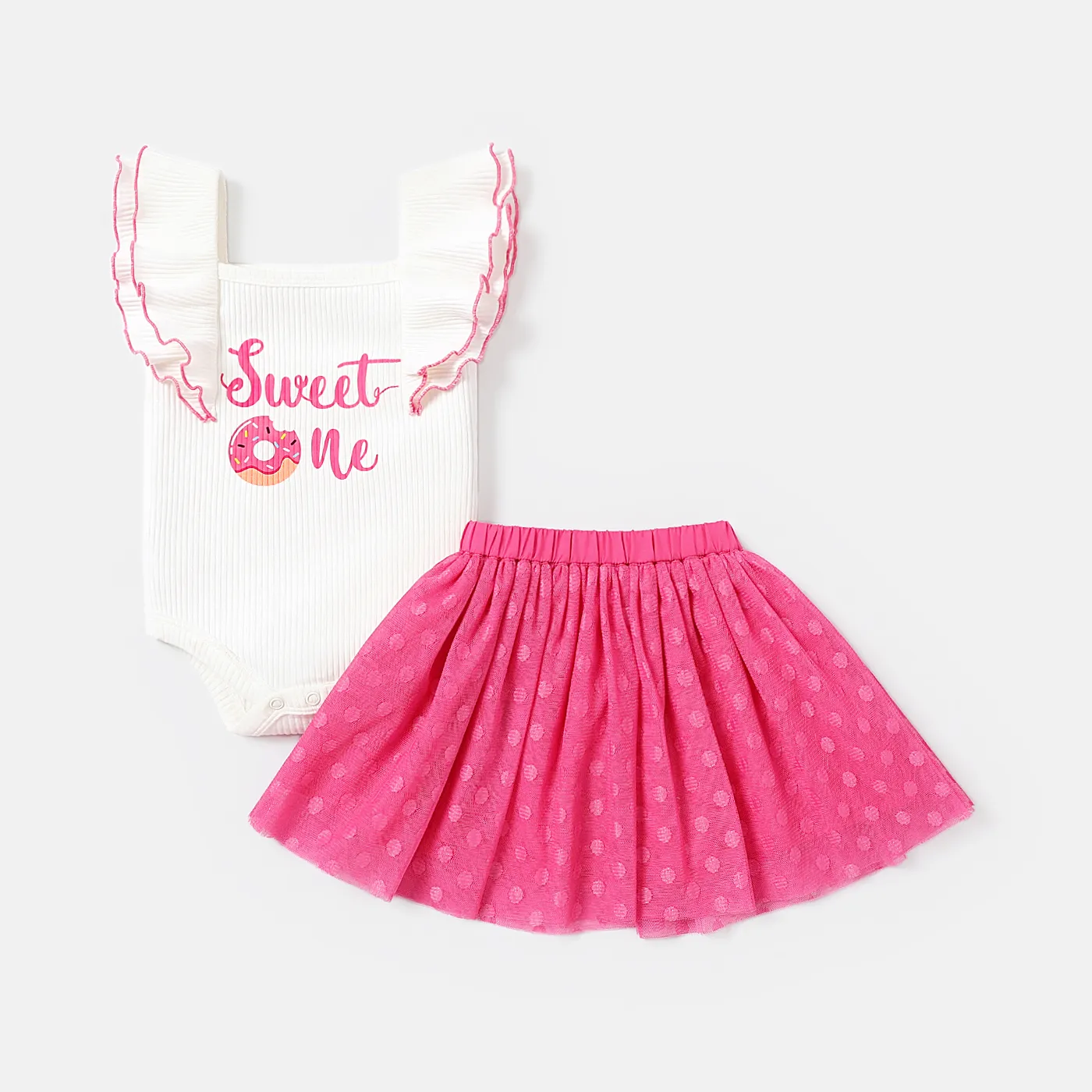 2pcs Baby Girl Letter Print Ruffle-sleeve Rib-knit Bodysuit and Polka Dots Mesh Skirt Set Pink image 2