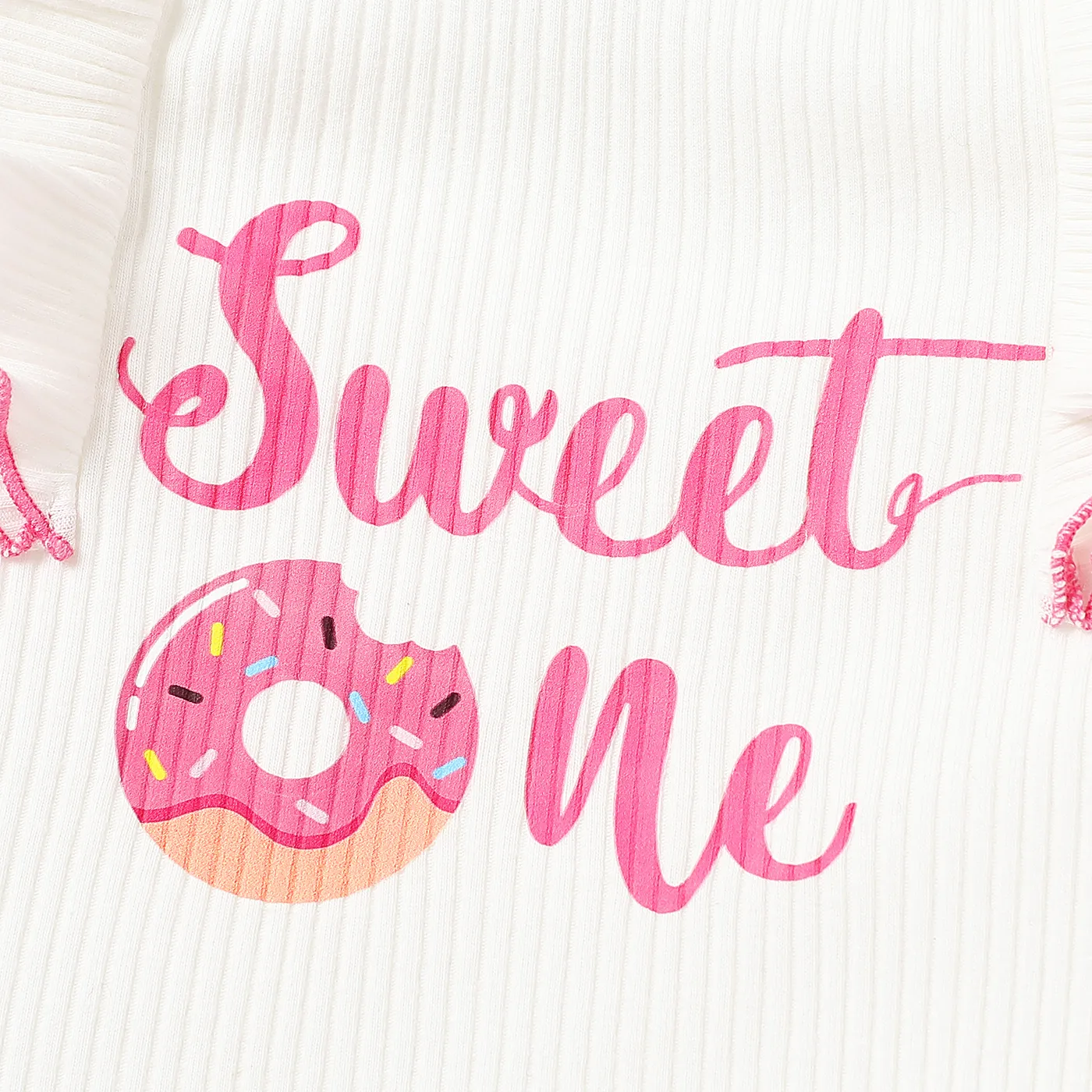 2pcs Baby Girl Letter Print Ruffle-sleeve Rib-knit Bodysuit and Polka Dots Mesh Skirt Set Pink image 4