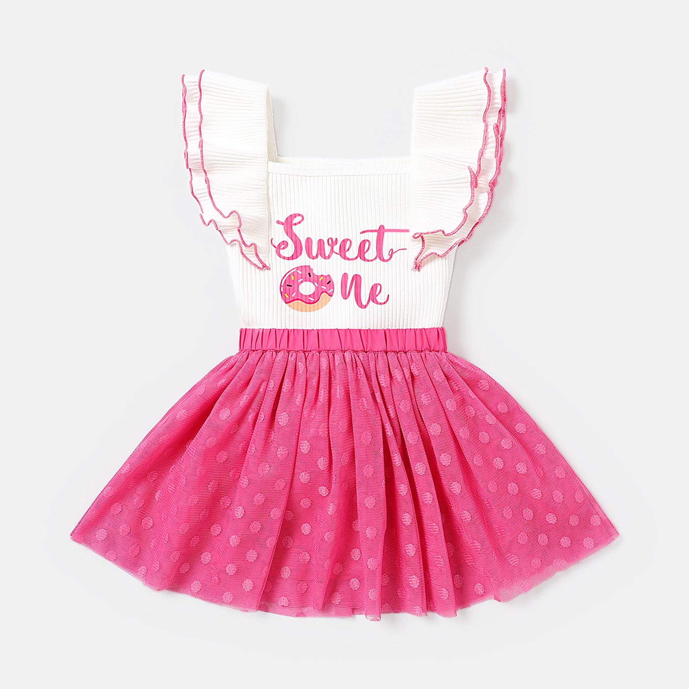 2pcs Baby Girl Letter Print Ruffle-sleeve Rib-knit Body Et Polka Dots Mesh Skirt Set