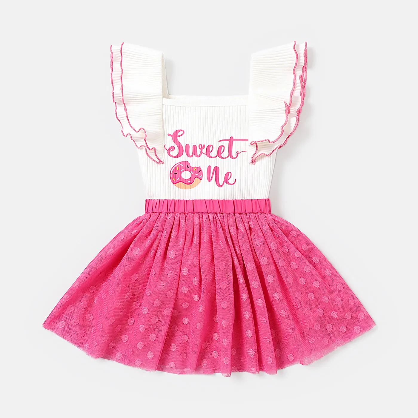 2pcs Baby Girl Letter Print Ruffle-sleeve Rib-knit Bodysuit and Polka Dots Mesh Skirt Set Pink big image 1