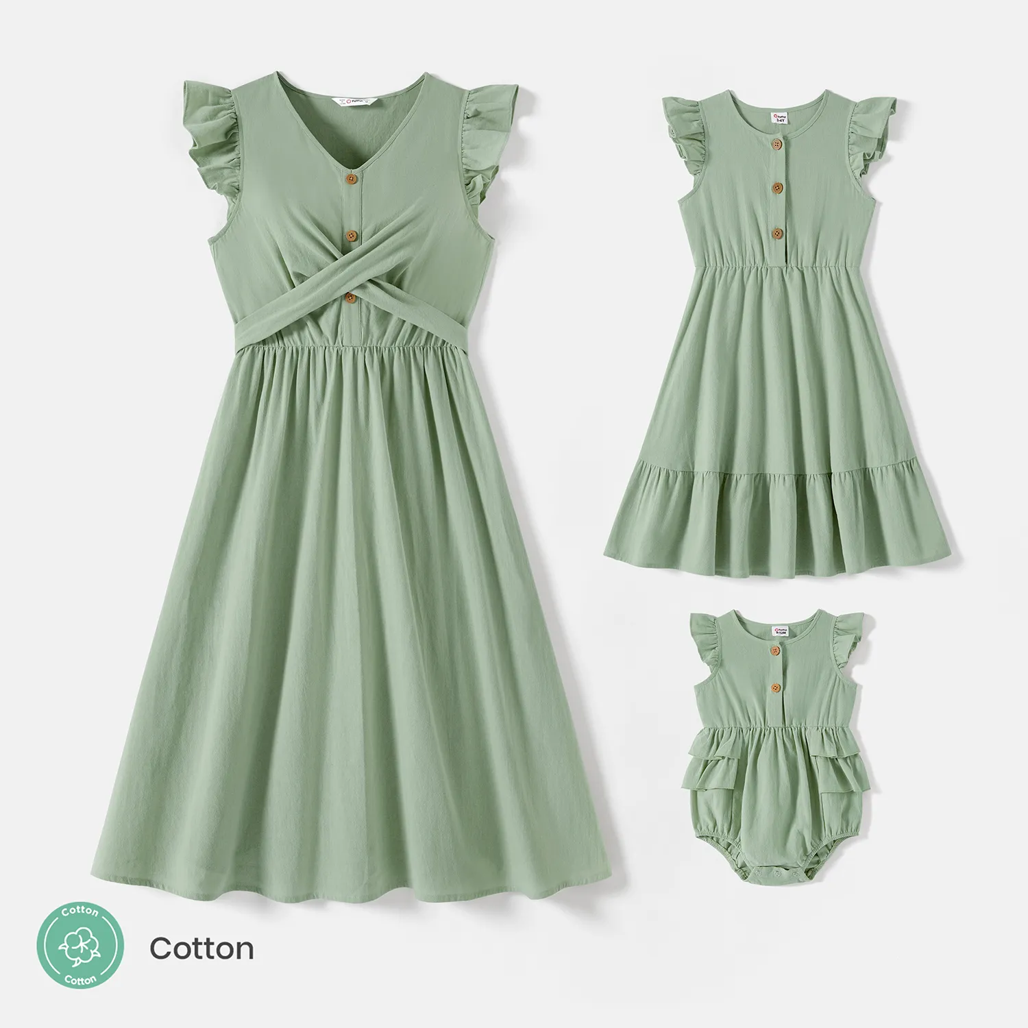 

Mommy and Me 100% Cotton Button Front Solid Flutter-sleeve Dress