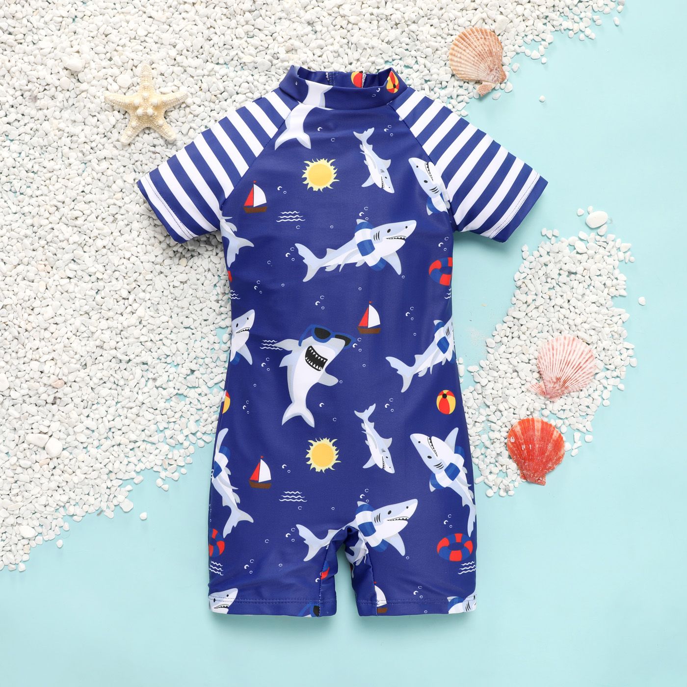 

Toddler Boy Playful Shark Print Striped Onepiece Swimsuit