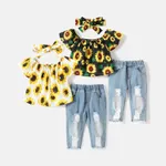 3pcs Baby Girl Allover Sunflower Floral Print Off Shoulder Short-sleeve Top and Ripped Jeans with Headband Set  image 6