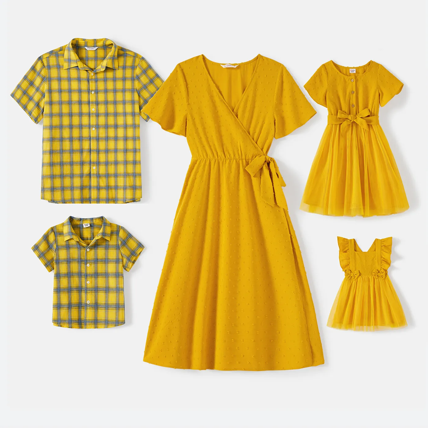 Family Matching 100% Cotton Yellow Plaid Shirts And Solid Surplice Neck Ruffle-sleeve Self Tie Dresses Sets