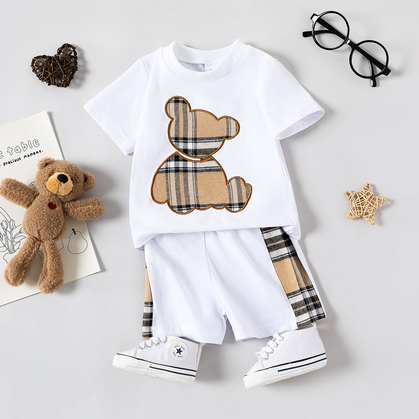 100% Cotton 2pcs Baby Boy Plaid Short-sleeve Romper and Cartoon Dog 3D Ears Overall Shorts Set