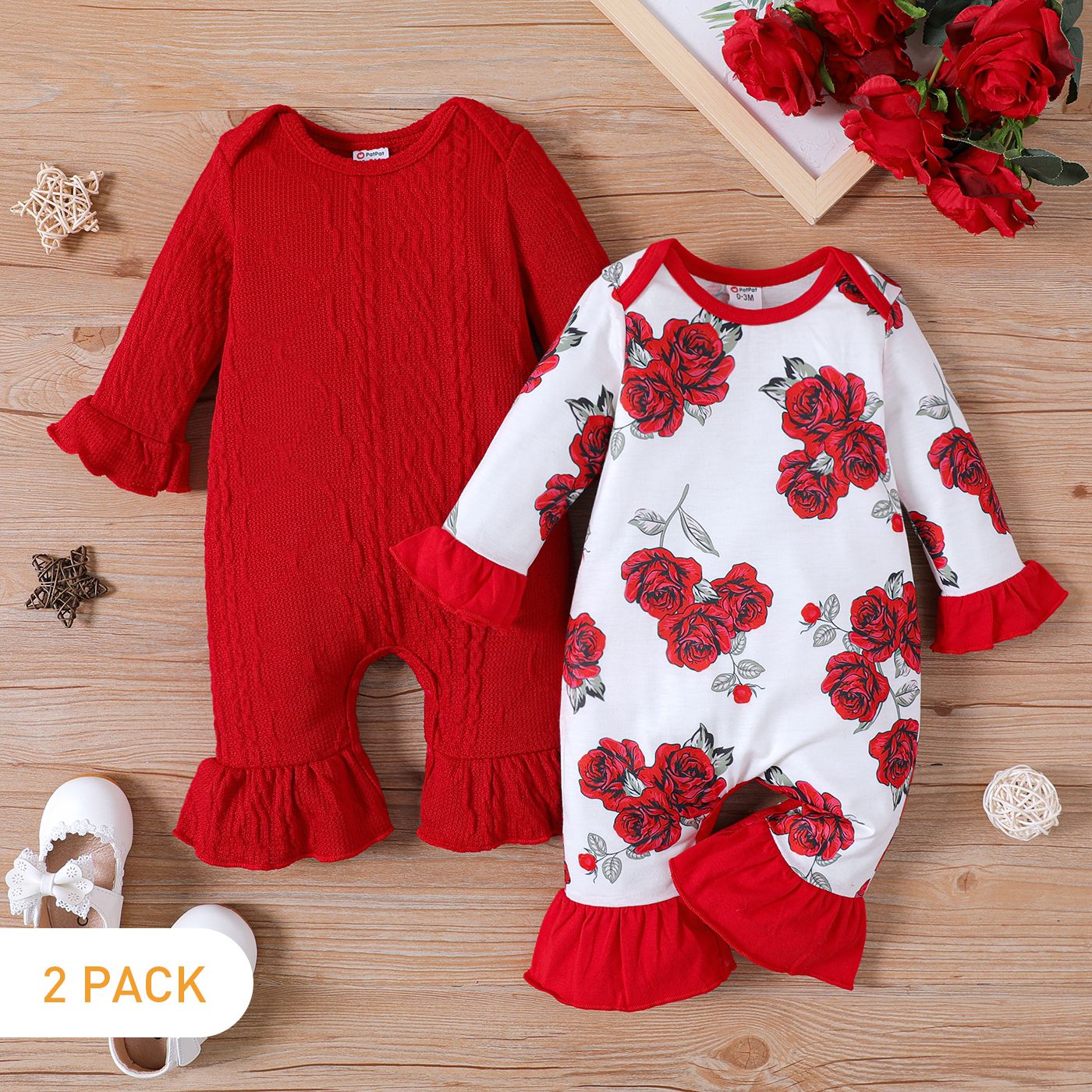 

2-Pack Baby Girl Solid Imitation Knitting and Floral Print Ruffle Trim Long-sleeve Bell Bottom Jumpsuits Set