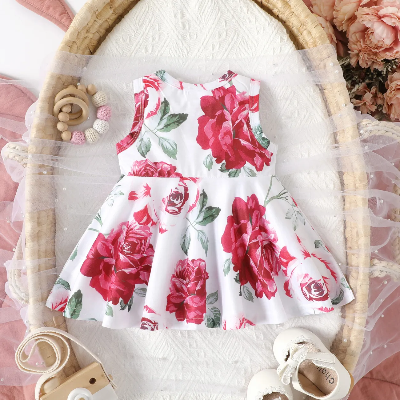 Baby Girl Allover Floral Print Flowy Sleeveless Tank Dress Color block big image 1