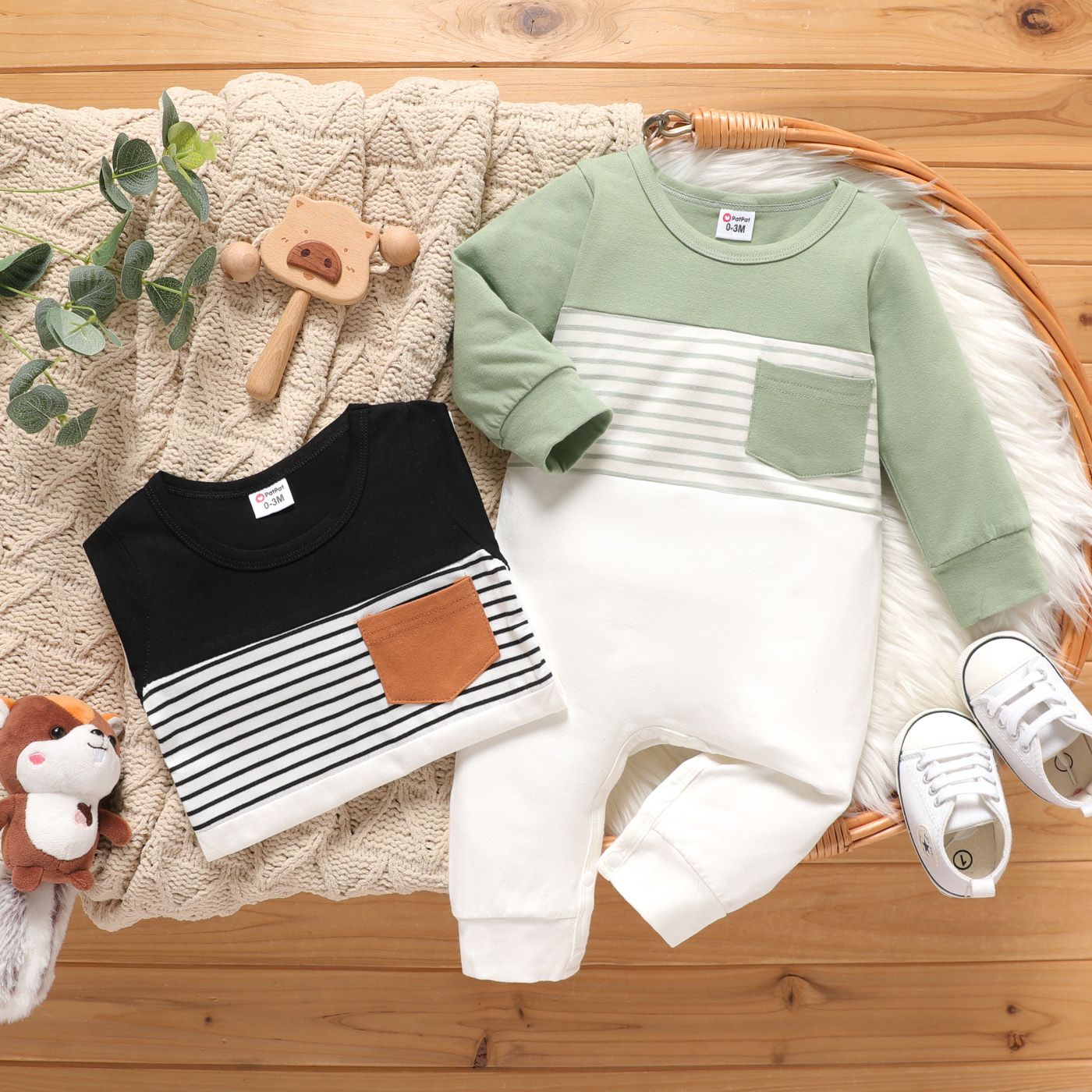 

Baby Boy/Girl 95% Cotton Long-sleeve Striped Colorblock Jumpsuit