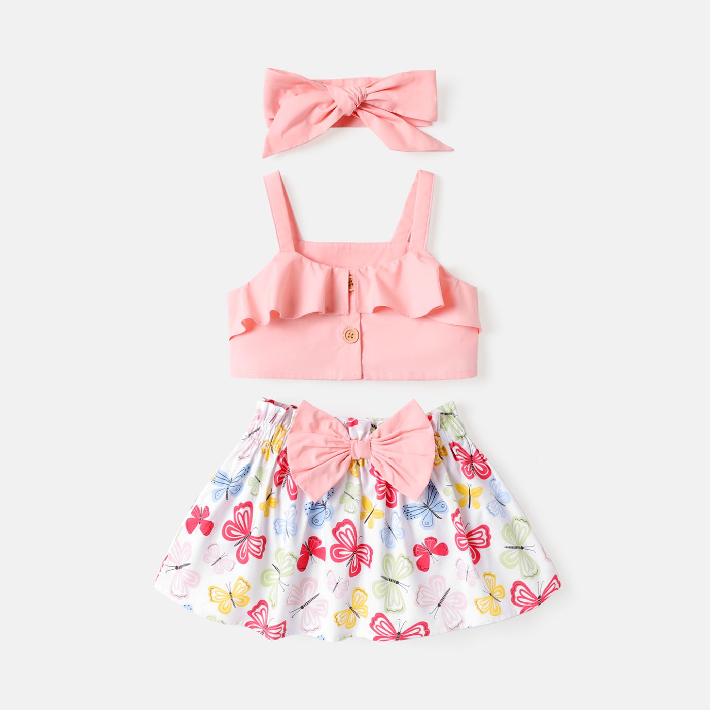 

3pcs Baby Girl 100% Cotton Solid Ruffled Cami Top & Bow Front Butterfly Print Skirt & Bow Headband Set