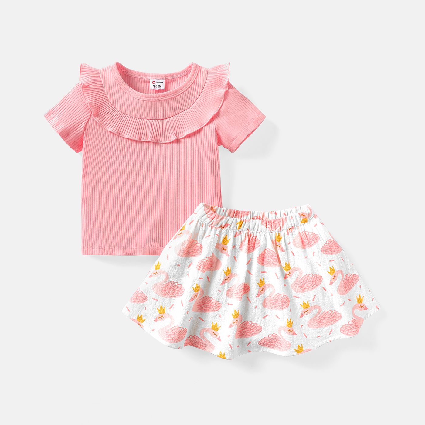 

2pcs Baby Girl Ruffle Trim Short-sleeve Cotton Ribbed Top and 100% Cotton Skirt Set