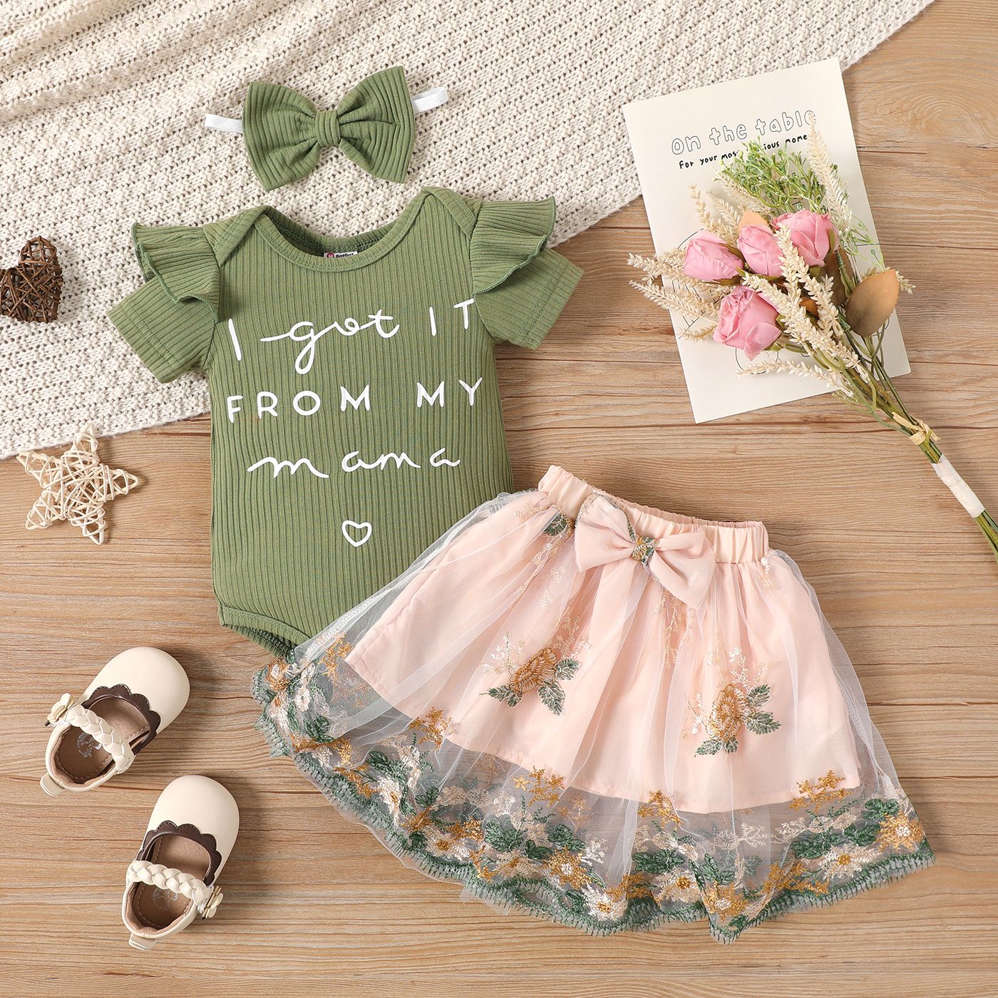 

3pcs Baby Girl Letter Print Cotton Ribbed Ruffle Short-sleeve Romper and Floral Embroidered Mesh Skirt & Headband Set