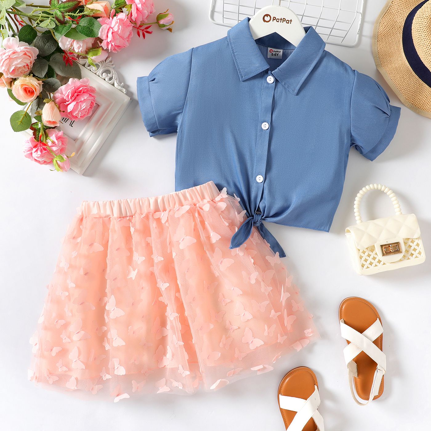 

2pcs Kid Girl Tie Knot Lapel Collar Denim Tee and 3D Butterfly Design Mesh Skirt Set