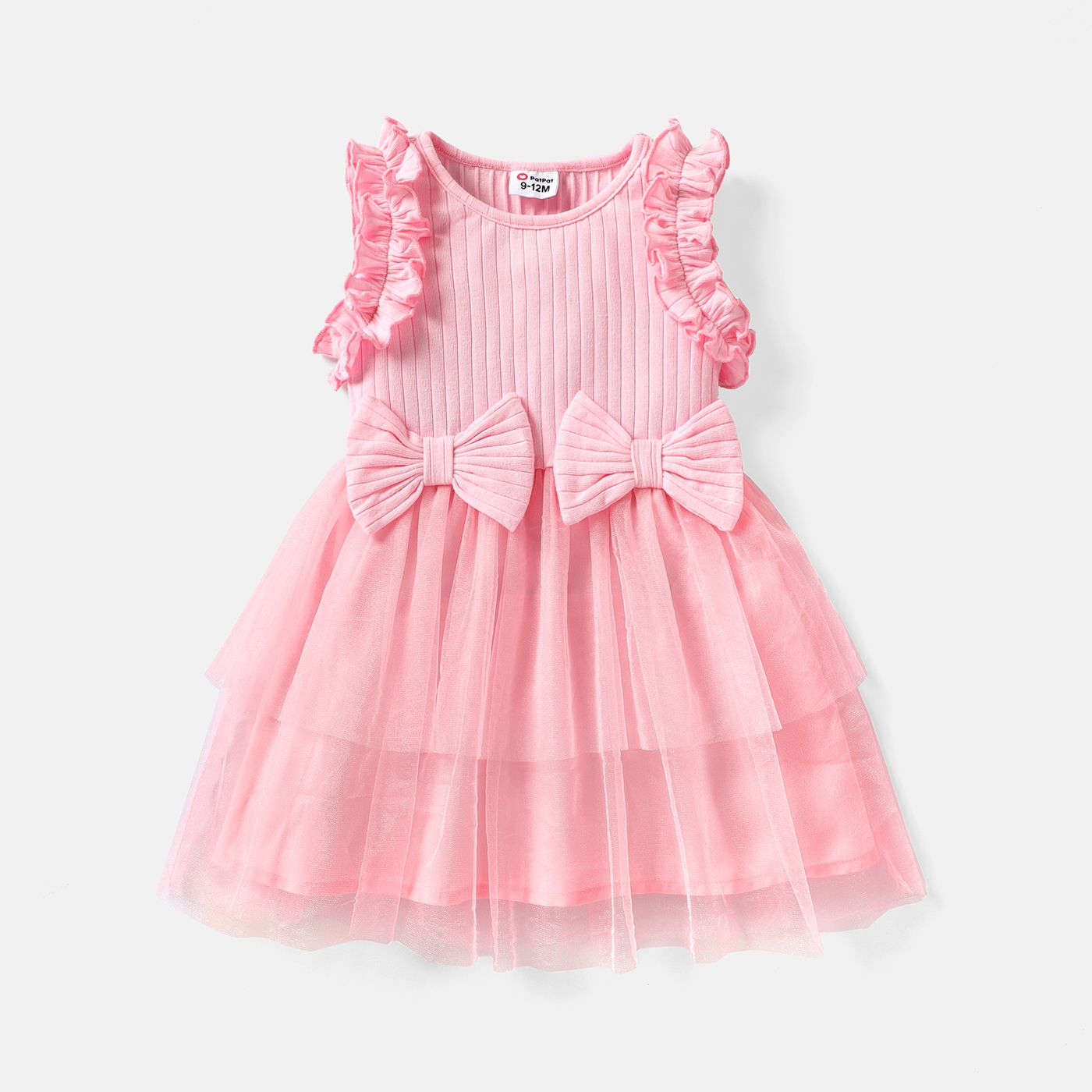 Baby Girl Bow Decor Mesh Panel Rib-knit Ruffled Tank Fairy Dress