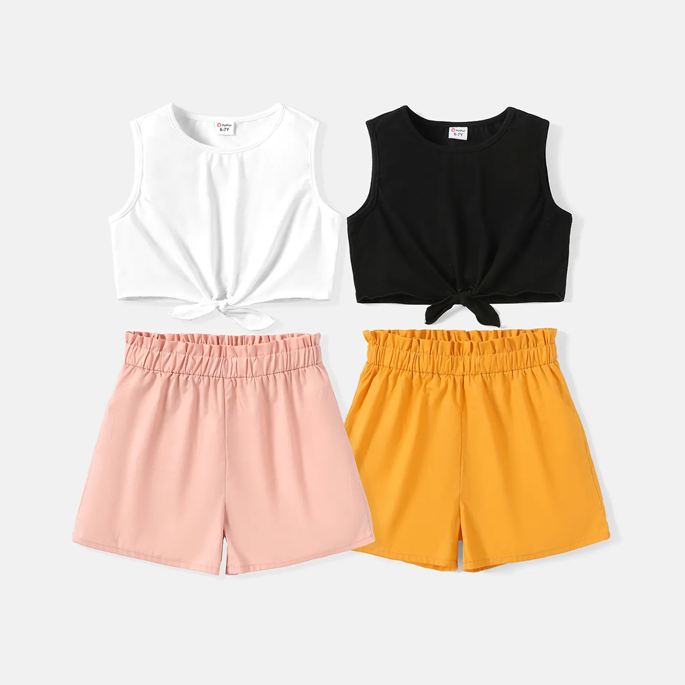 2pcs Kid Girl Tie Knot Sleeveless Cotton Tee and Elasticized Shorts Set