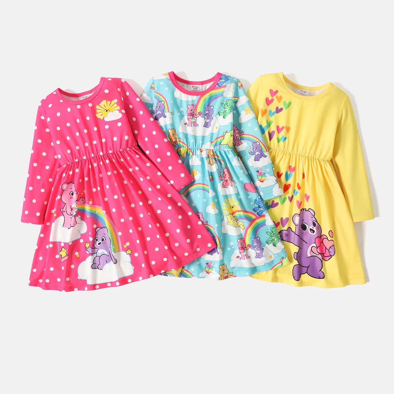 Care Bears Toddler Girl Rainbow/Heart Print/Polks dots Long-sleeve Dress Yellow big image 1