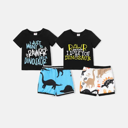 2pcs Baby Boy Cotton Short-sleeve Letter Graphic Tee and Allover Dinosaur Print Naia™ Shorts Set