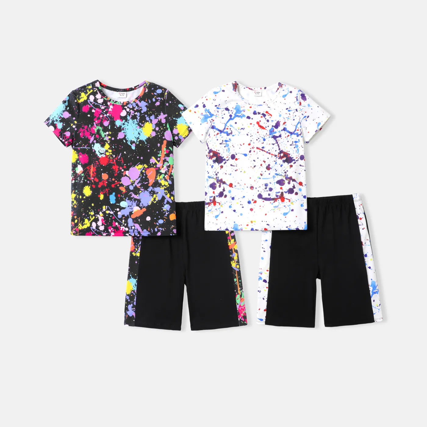 2pcs Kid Boy Naia Painting Print Short-sleeve Tee and Colorblock Shorts Set White image 2