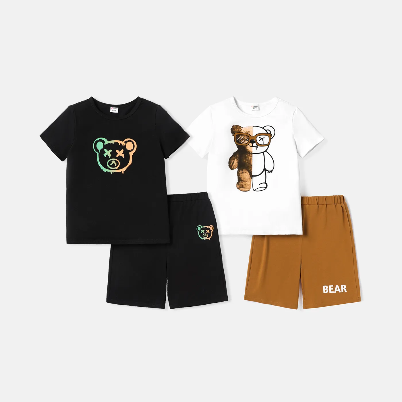 2pcs Kid Boy Bear Print Short-sleeve Tee and Letter Print Shorts Set White image 2