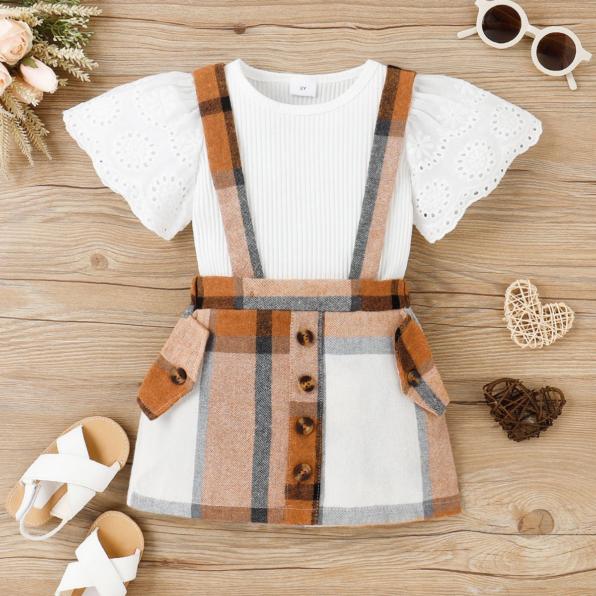 

2pcs Toddler Girl Preppy style Schiffy Design Tee and Plaid Suspender Skirt Set