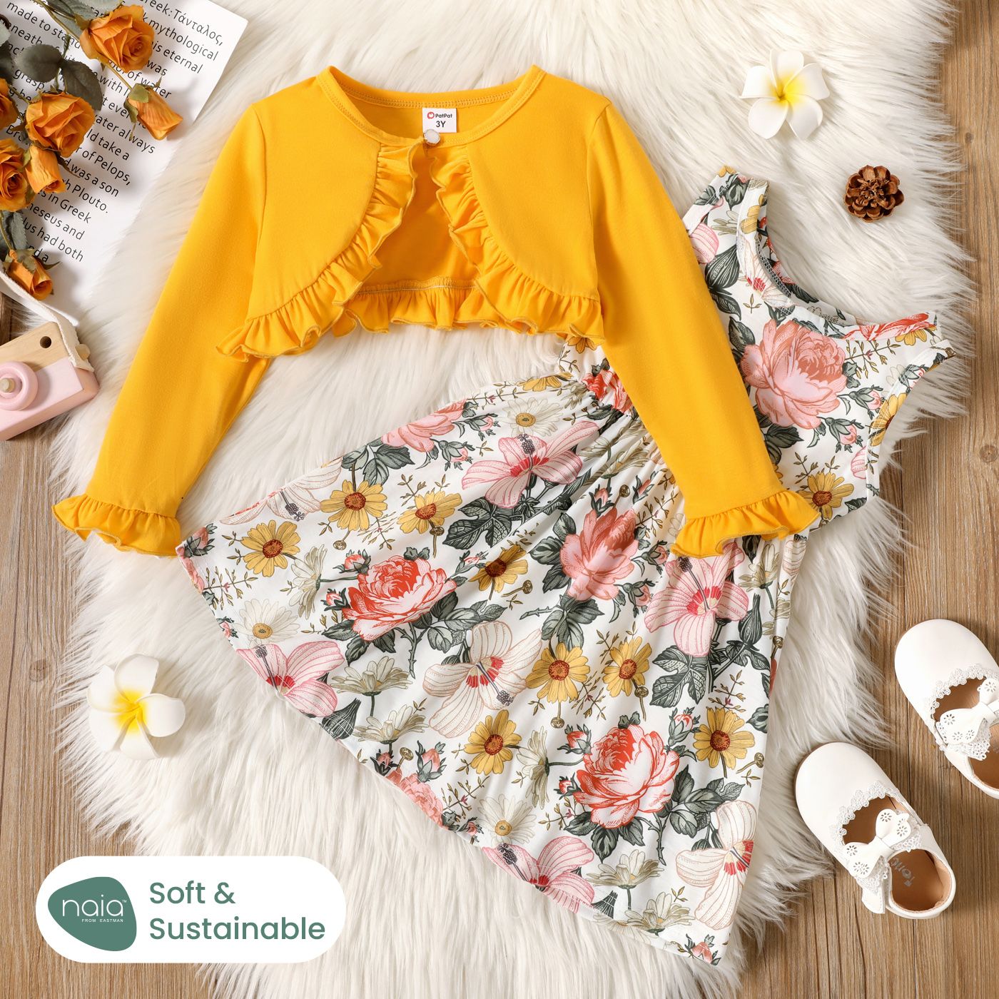 Naia 2pcs Toddler Girl Floral Print Sleeveless Dress And Ruffled Cardigan Set