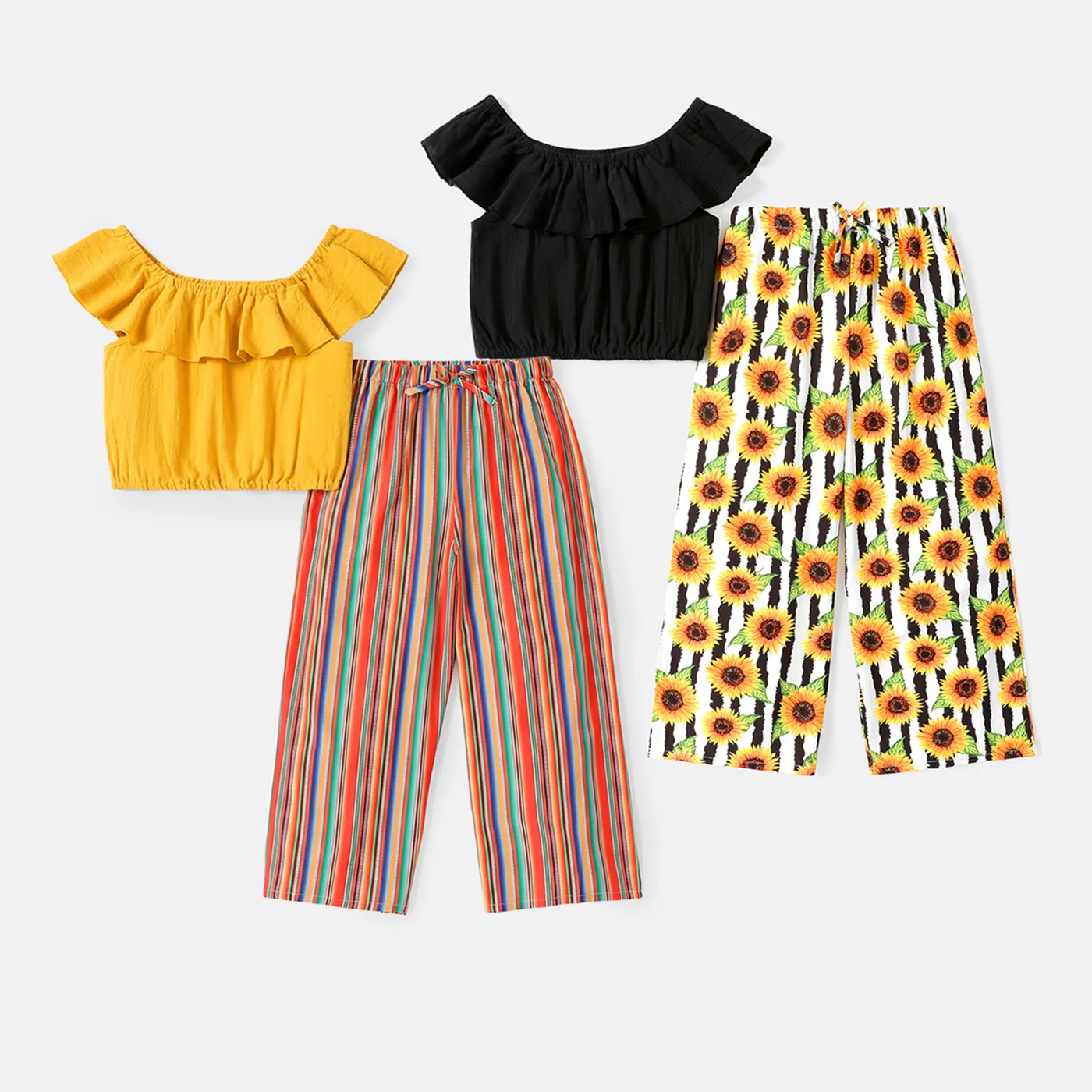 2pcs Kid Girl Flounce Off Shoulder Tee and Stripe/Floral Print Pants Set Yellow image 6