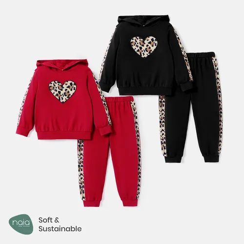 2pcs Toddler Girl Naia Leopard Print Heart Embroidered Ear Design Hoodie Sweatshirt and Pants Set