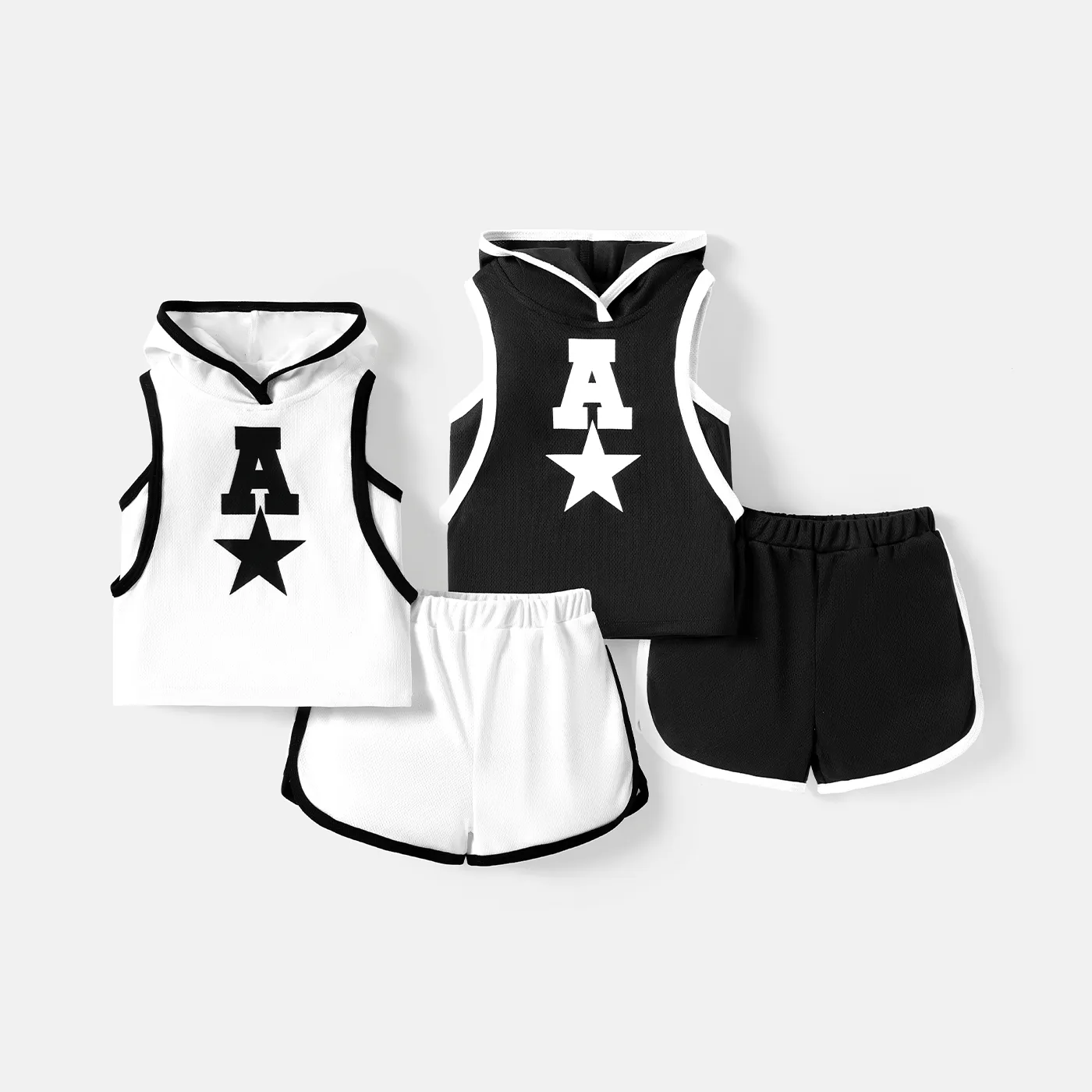 2pcs Baby Boy Star & Letter Print Two Tone Hooded Tank Top and Shorts Set
