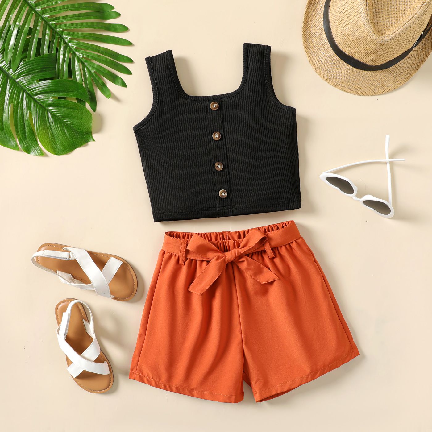 

2Pcs Kid Girl Button Ribbed Tank Top and Belted Shorts Set