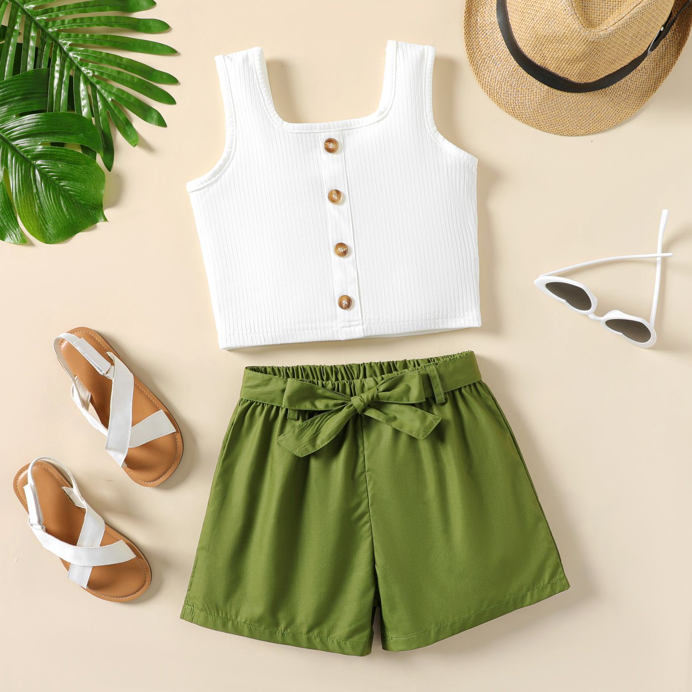 

2Pcs Kid Girl Button Ribbed Tank Top and Belted Shorts Set