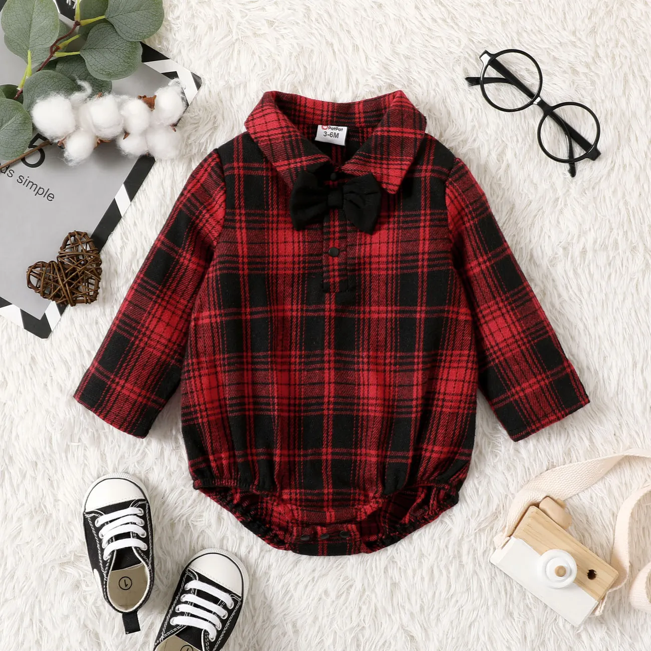 Baby Boy Bow Front Red Plaid Long-sleeve Romper PLAID big image 1