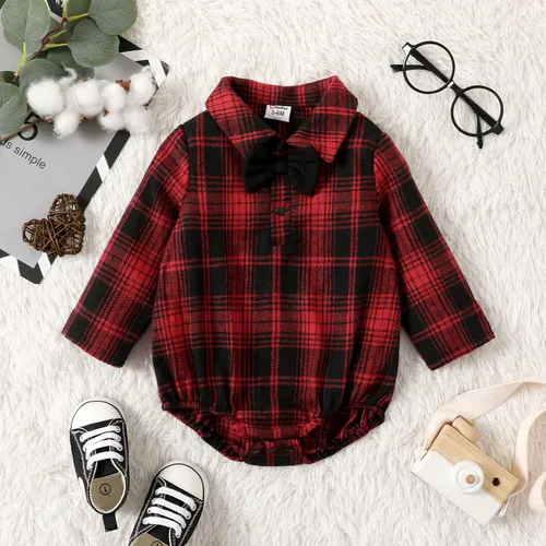 Baby Boy Bow Front Red Plaid Long-sleeve Romper