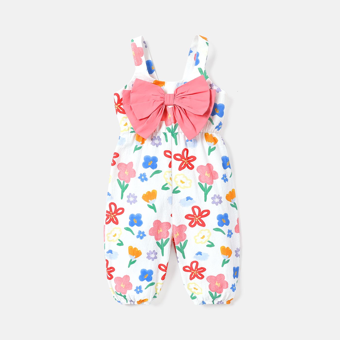 

Baby Girl 100% Cotton Allover Floral Print Bow Front Sleeveless Jumpsuit