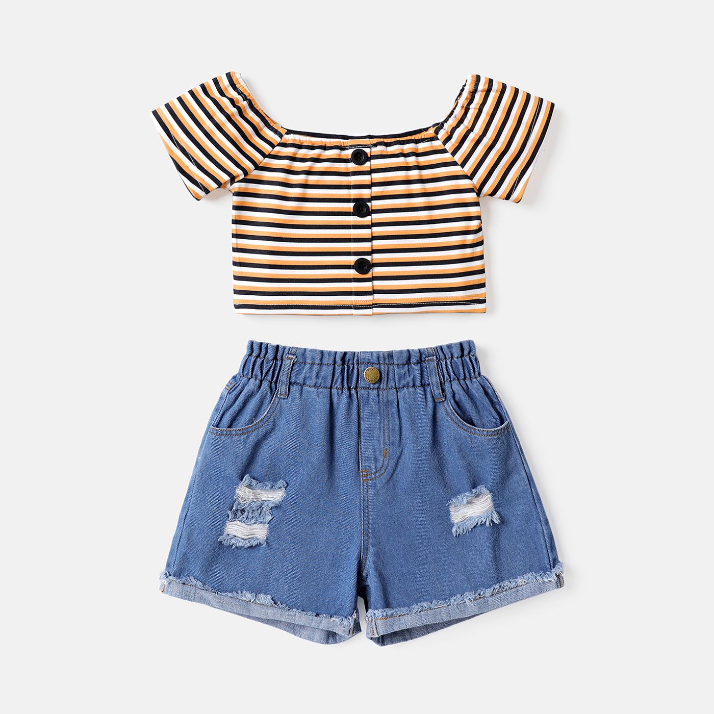 2pcs Kid Girl Stripe Cold Shoulder Tee And Ripped Denim Shorts Set